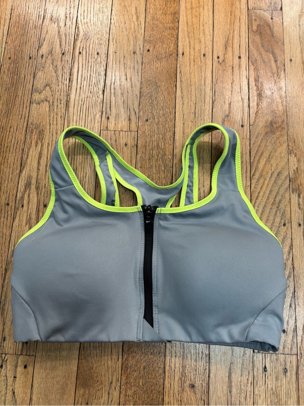 Nike Gray Sports Bra with Neon Yellow Trim, Front Zip